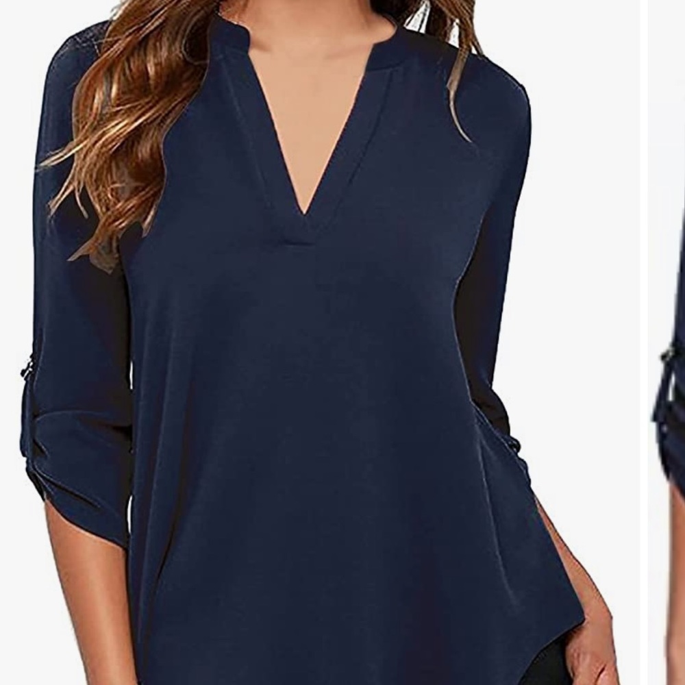 Casual V Neck Cuffed Sleeves Solid Chiffon Blouse